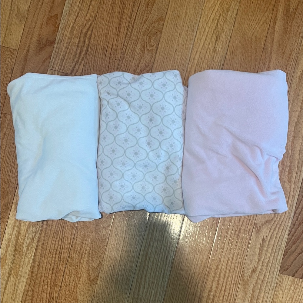 Set of 3 Soft & Cozy Crib sheets. Light pink, white, & gray, pink, white pattern